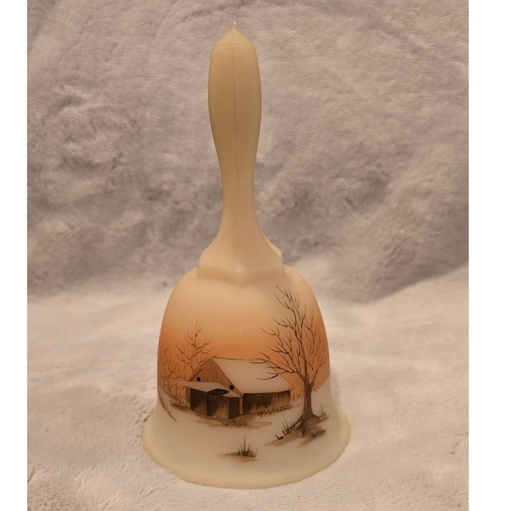 Vintage Fenton Cameo Glass Bell Hand Painted Winter Cabin Scene Signed